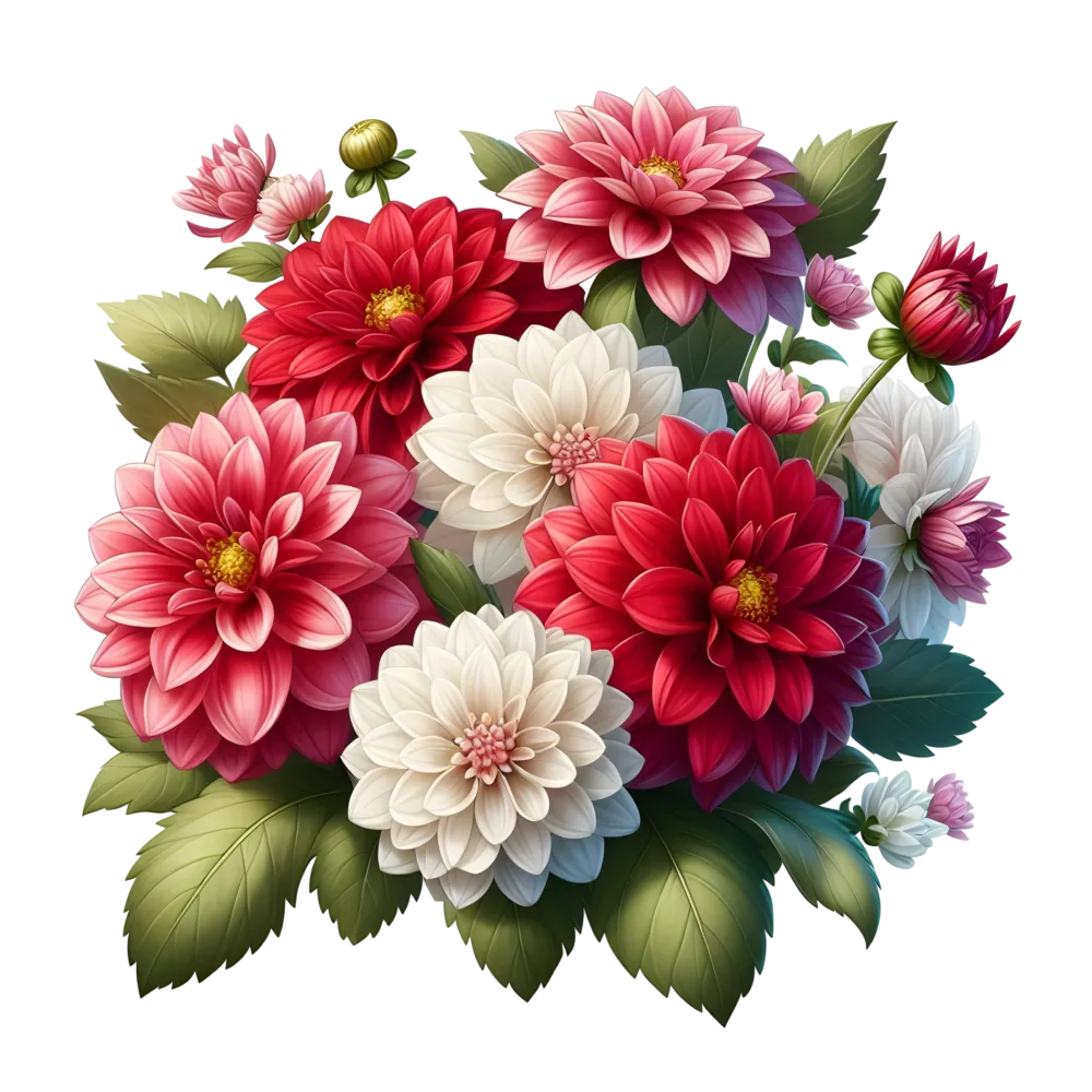 Colorful Dahlia Flower Bouquet with Red, Pink, and White Blooms