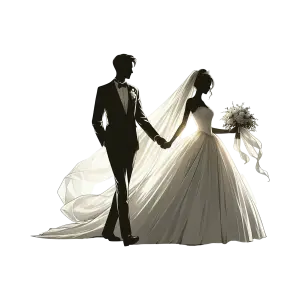 Silhouette of Bride and Groom Holding Hands with Flowing Wedding Dress and Bouquet