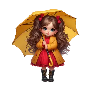 Cute Little Girl with Yellow Umbrella Wearing Red Dress and Yellow Coat