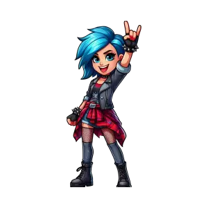 Cartoon Punk Girl with Blue Hair Making Rock Hand Gesture