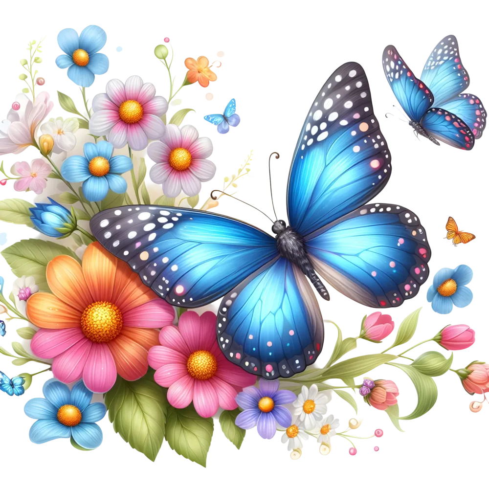 Blue Butterflies with Colorful Flowers Arrangement