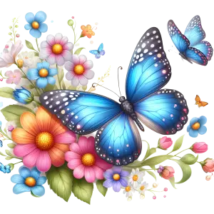Blue Butterflies with Colorful Flowers Arrangement