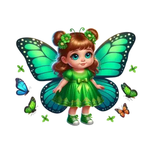 Cute Cartoon Fairy Child with Blue-Green Butterfly Wings