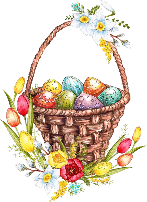 Easter Basket with Colorful Painted Eggs and Spring Flowers