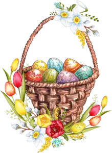 Easter Basket with Colorful Painted Eggs and Spring Flowers