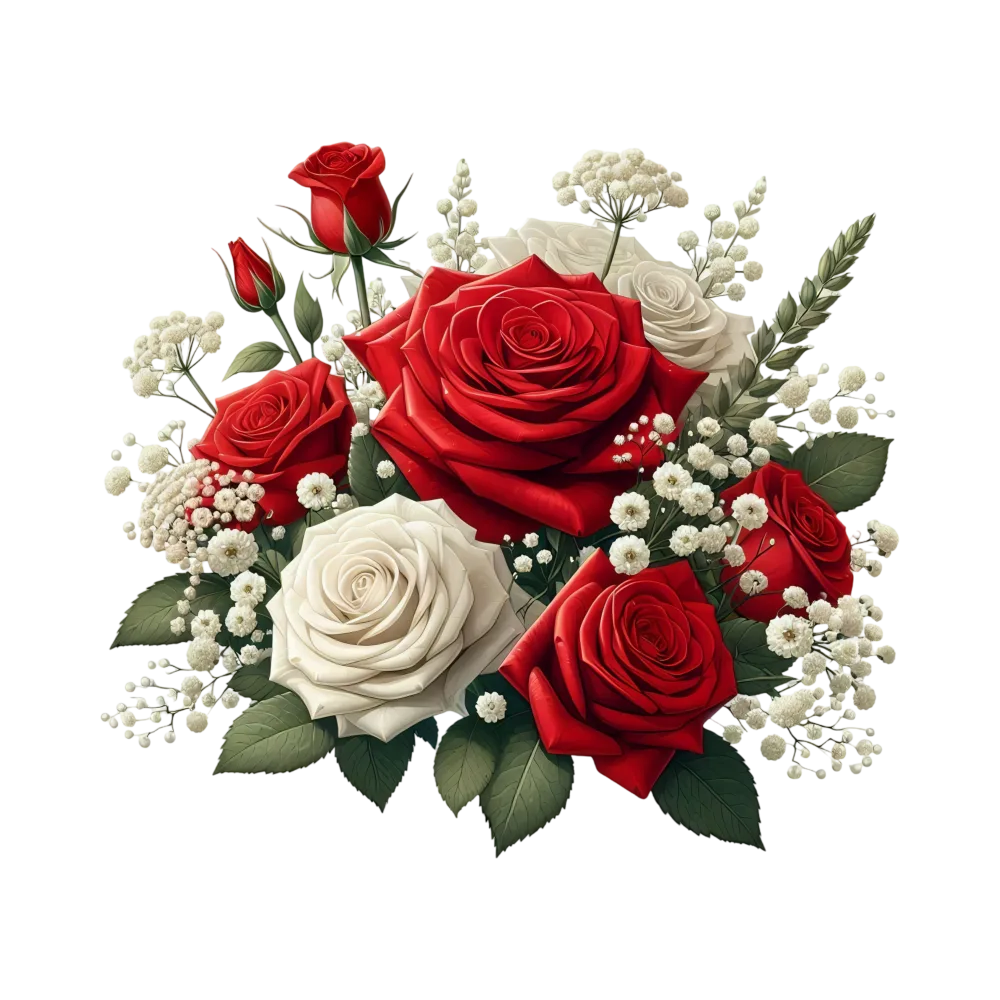 Bouquet of Red and White Roses with Baby's Breath