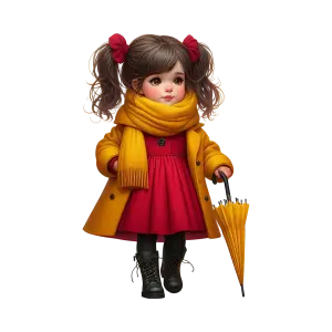 Cute Little Girl in Yellow Coat Holding Matching Umbrella