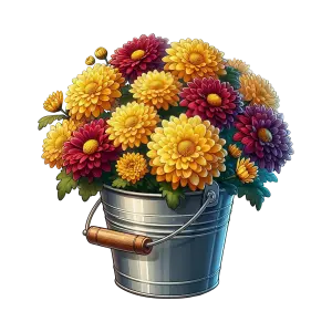 Colorful Chrysanthemum Flowers in Metal Bucket
