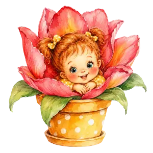 Cute Baby Girl in Pink Flower Pot Watercolor Illustration