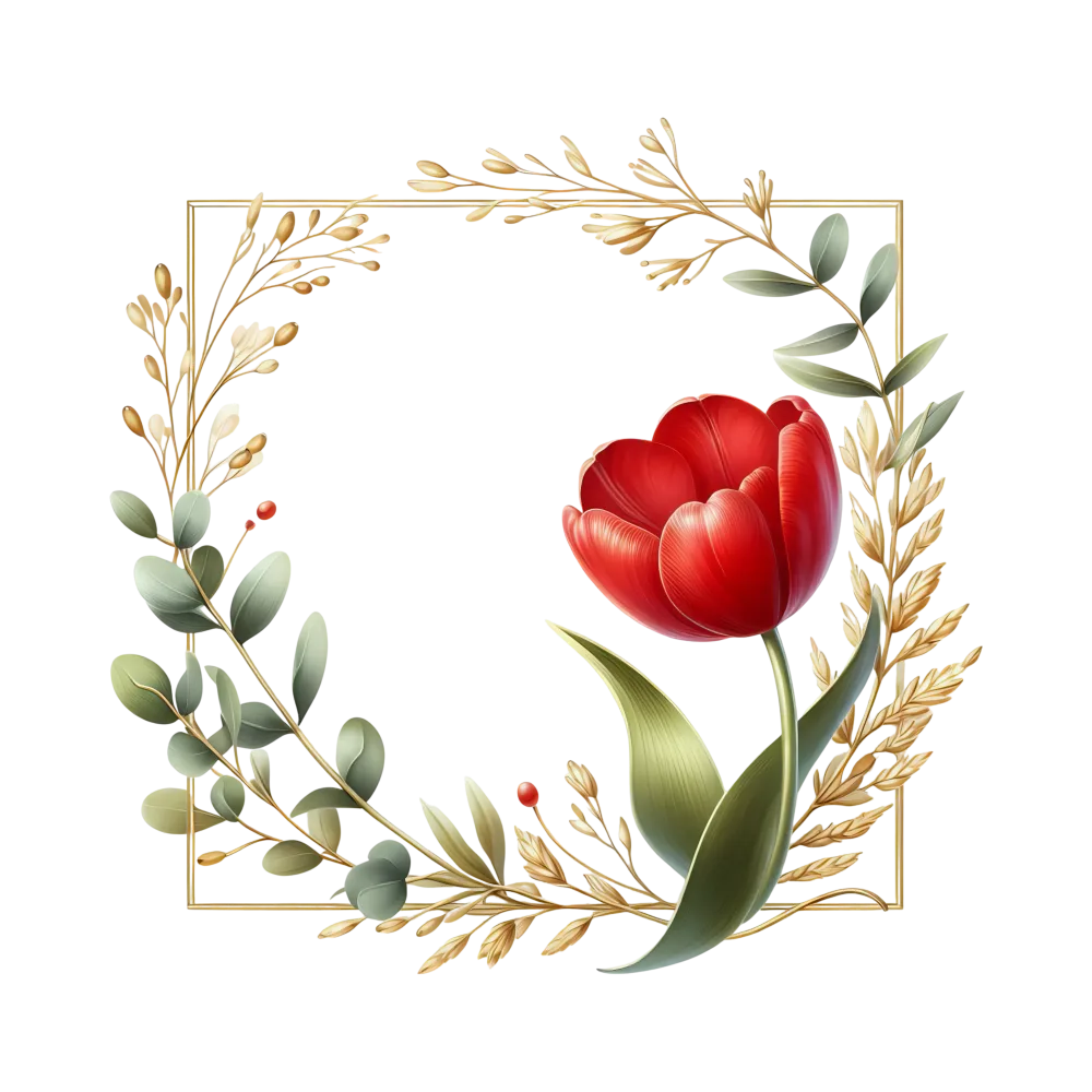 Golden Floral Frame with Red Tulip