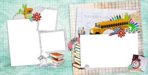 School-Themed Photo Collage Frames with Stationery and Bus