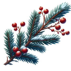 Winter Spruce Branch with Red Berries and Snow