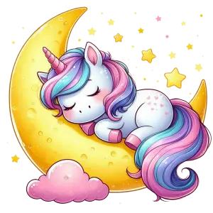 Cute Sleeping Unicorn on Crescent Moon with Stars and Cloud