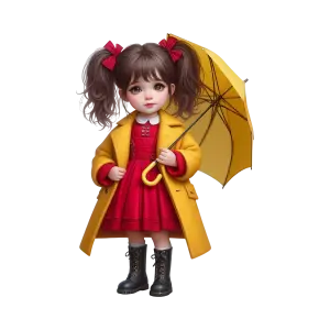 Cute Little Girl in Yellow Coat Holding Yellow Umbrella