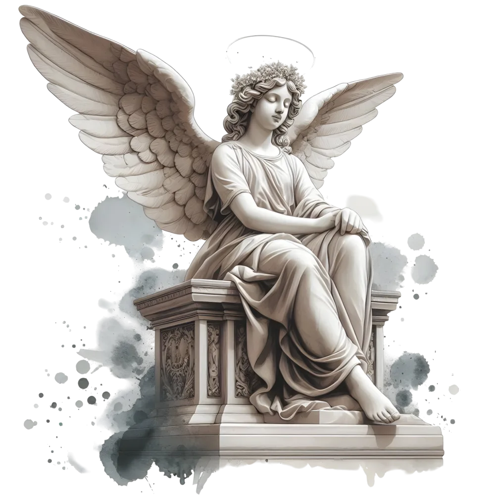 Serene Angel Statue with Wings Sitting on Ornate Pedestal