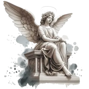 Serene Angel Statue with Wings Sitting on Ornate Pedestal