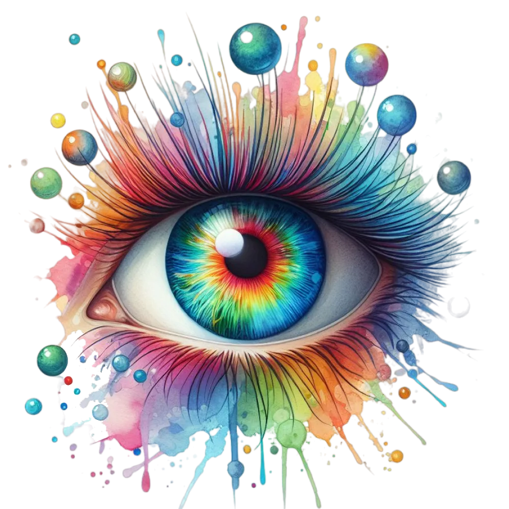 Colorful Artistic Eye with Paint Splashes and Floating Spheres