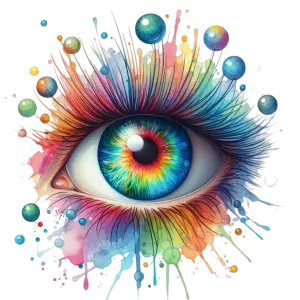 Colorful Artistic Eye with Paint Splashes and Floating Spheres
