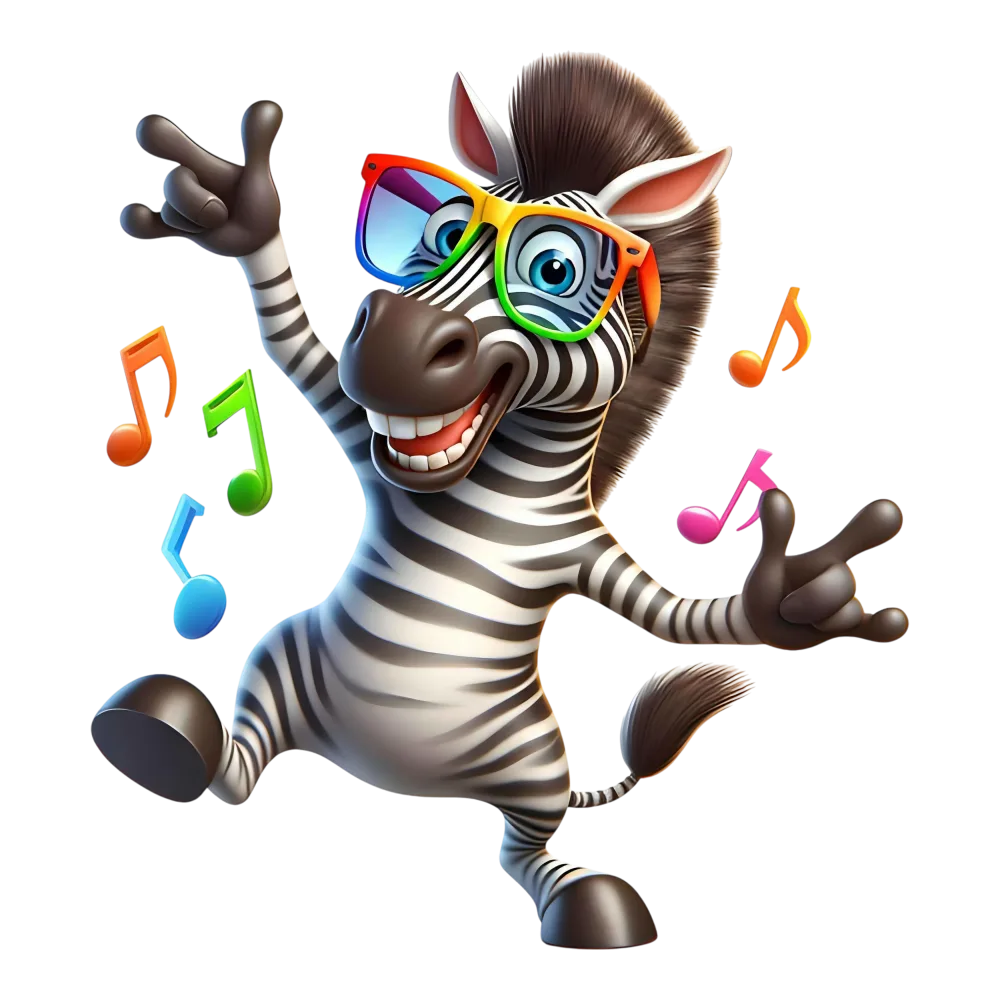Dancing Cartoon Zebra with Rainbow Sunglasses and Musical Notes