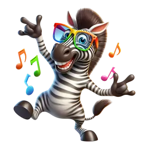 Dancing Cartoon Zebra with Rainbow Sunglasses and Musical Notes