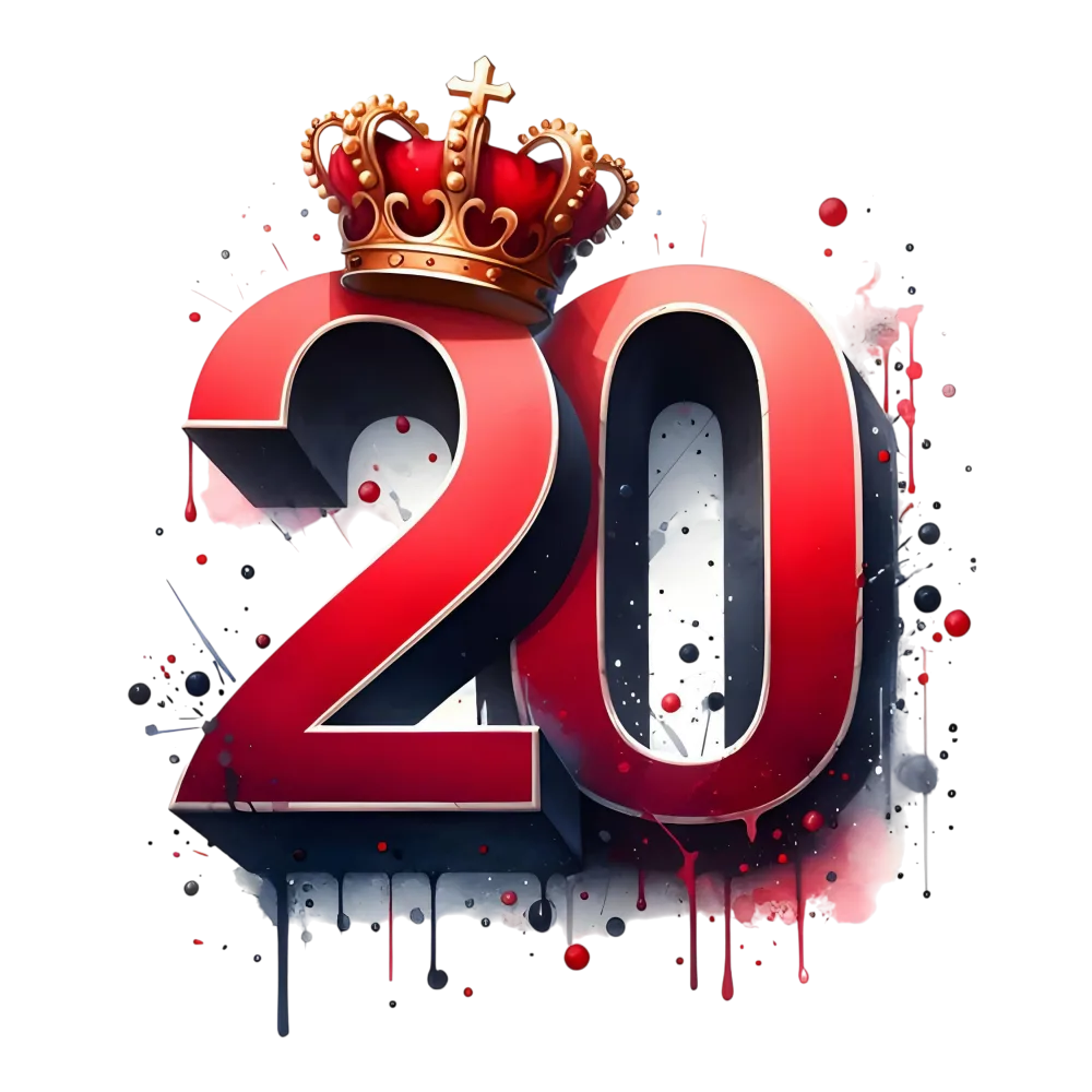 Red 3D Number 20 with Crown and Artistic Paint Splashes