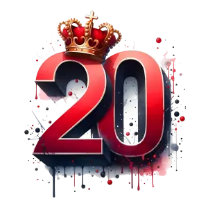 Red 3D Number 20 with Crown and Artistic Paint Splashes