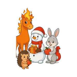 Cartoon Fire Horse Snowman Rabbit and Hedgehog with Gifts