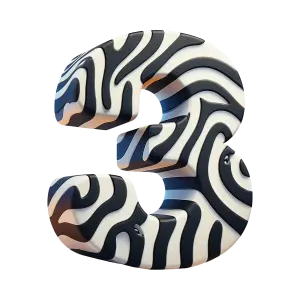 3D Number Three with Black and White Zebra Stripes