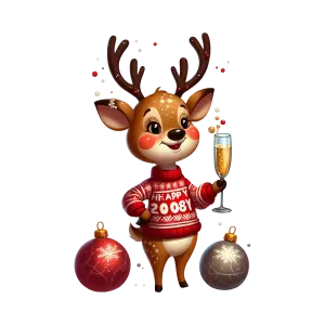 Cartoon Reindeer in Holiday Sweater Holding Champagne Glass