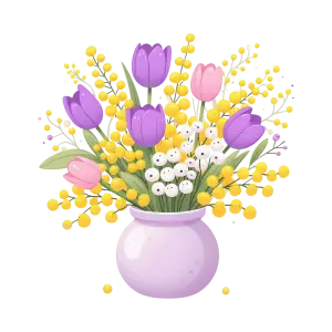 Bouquet of Purple and Pink Tulips with Yellow and White Flowers in Light Purple Vase