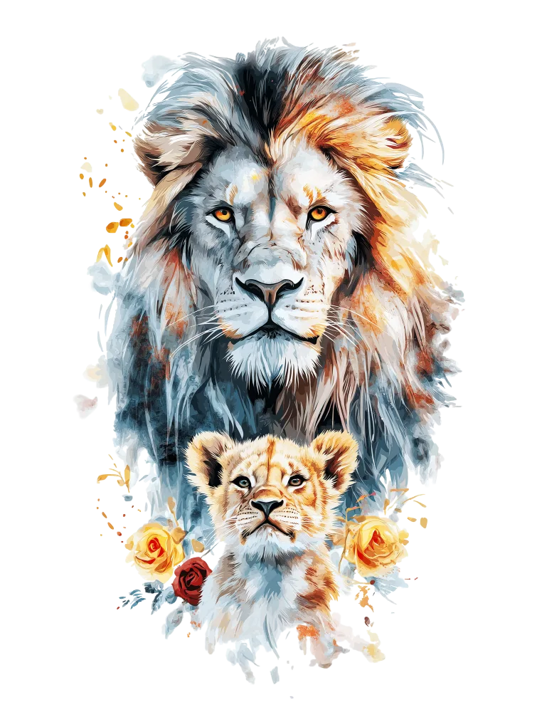 Artistic Illustration of Lion and Cub with Floral Elements