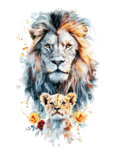 Artistic Illustration of Lion and Cub with Floral Elements