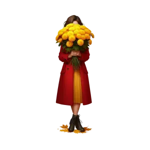 Woman in Red Coat Holding Large Bouquet of Yellow Chrysanthemums