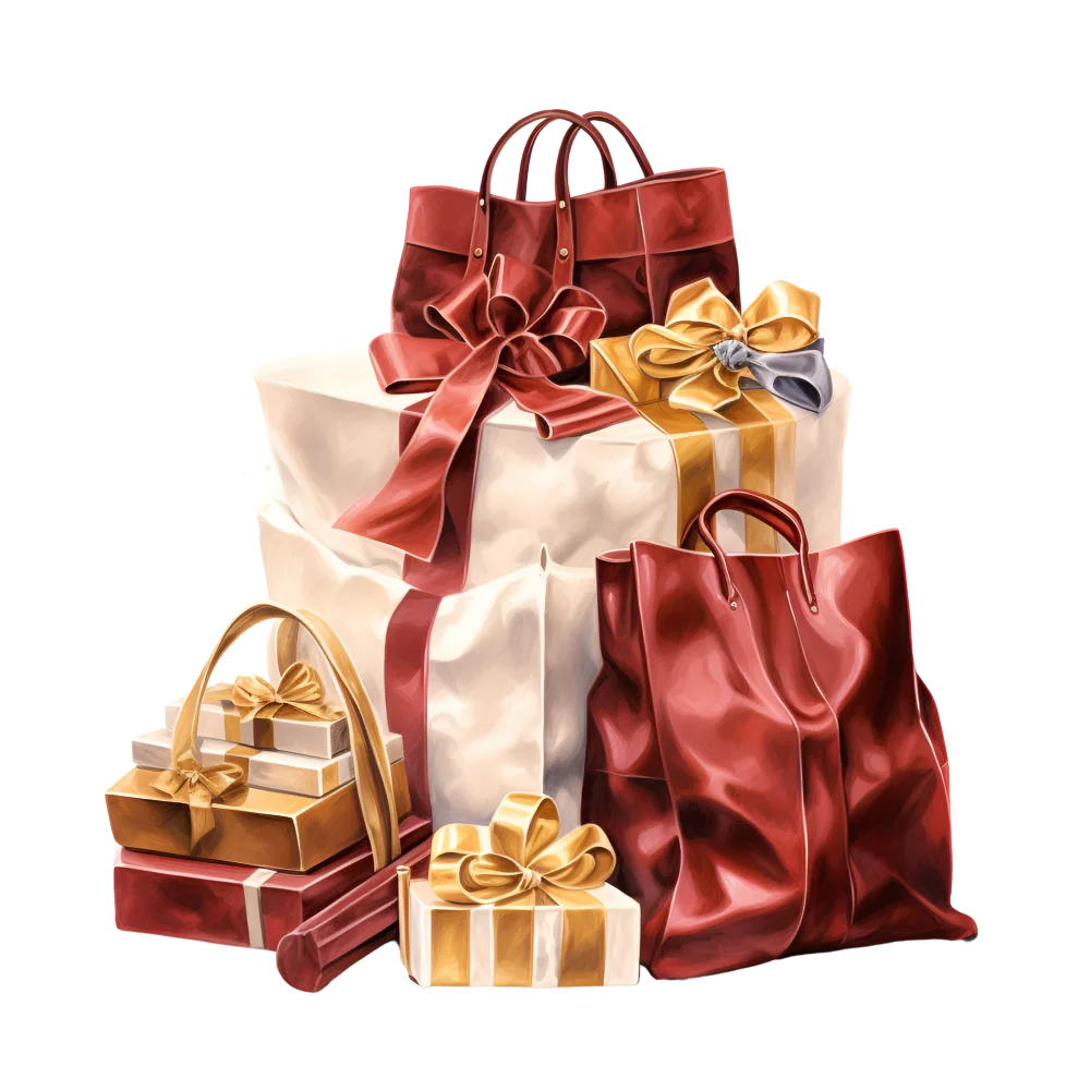 Stack of Wrapped Gift Boxes and Red Shopping Bags with Gold and Red Bows