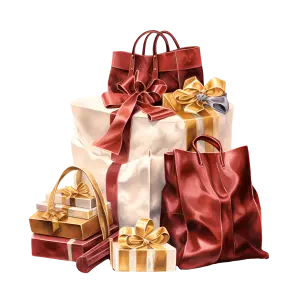 Stack of Wrapped Gift Boxes and Red Shopping Bags with Gold and Red Bows