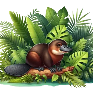 Cute Platypus Sitting on a Log in Tropical Jungle