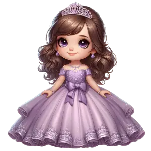 Cute Cartoon Little Girl in Purple Princess Dress and Tiara