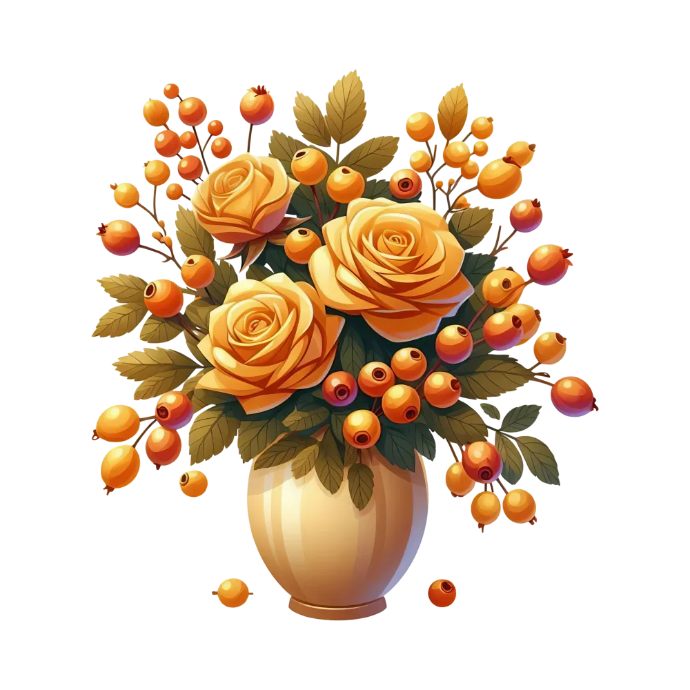 Yellow Rose Bouquet with Orange Berries in Vase