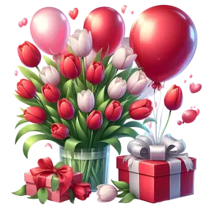 Valentine's Day Bouquet with Balloons and Gift Boxes