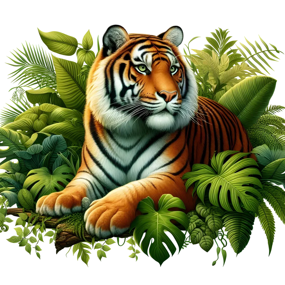 Relaxed Bengal Tiger Resting Among Jungle Foliage
