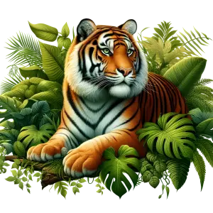 Relaxed Bengal Tiger Resting Among Jungle Foliage