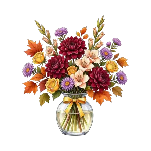 Autumn Floral Bouquet in Glass Vase with Yellow Ribbon