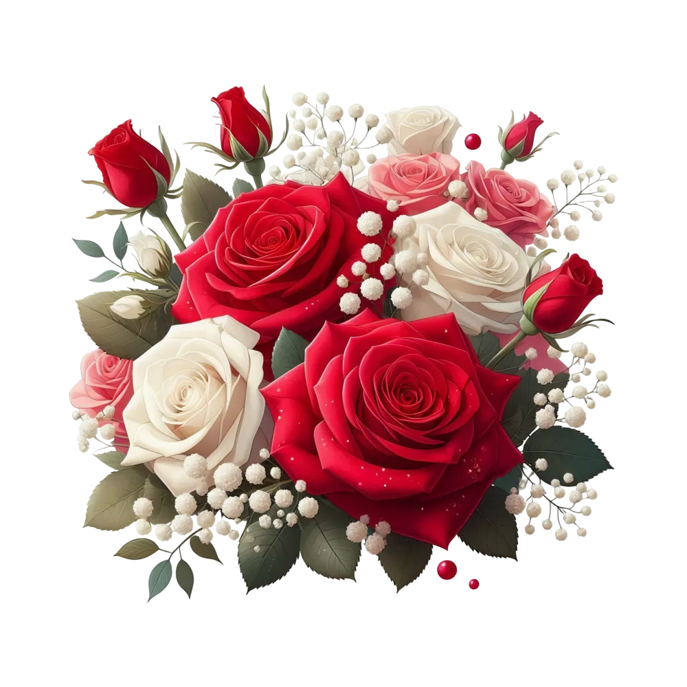 Red and White Rose Bouquet with Baby's Breath