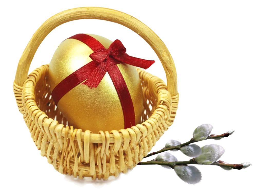 Golden Easter Egg in Basket with Pussy Willow Branch
