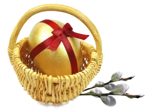 Golden Easter Egg in Basket with Pussy Willow Branch
