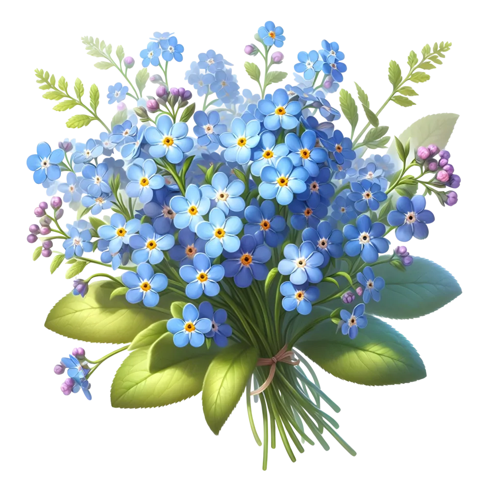 Bouquet of Blue Forget-Me-Not Flowers with Green Leaves