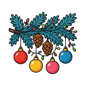 Colorful Christmas Ornaments and Pinecones on Fir Branch