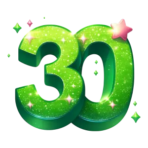 Glittery Green Number 30 with Decorative Sparkles and Pink Star
