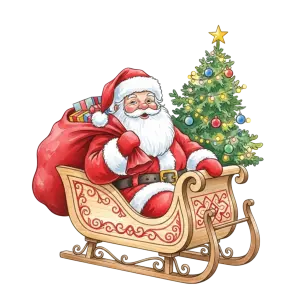 Santa Claus in Sleigh with Christmas Tree and Gifts