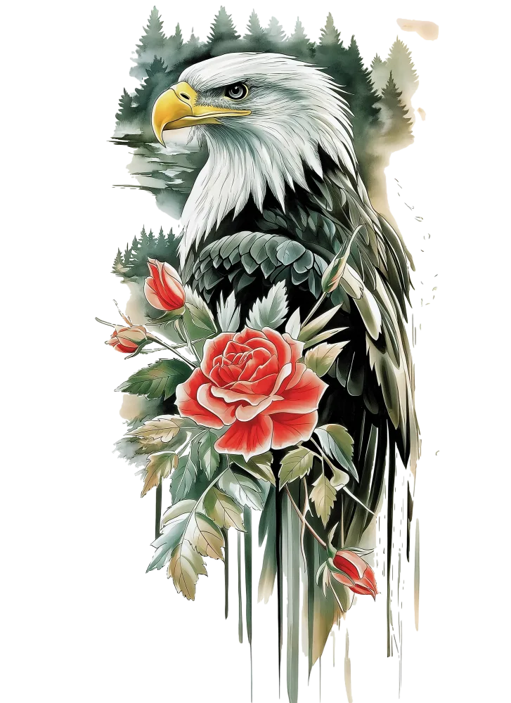 Eagle with Red Roses and Pine Trees Artwork